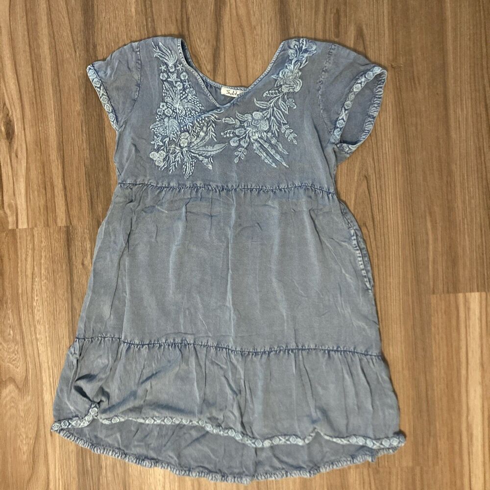 Solitaire Women’s Tunic (Size 1X-2X, Waist 38) Embroidered Blue Blouse, Dress
